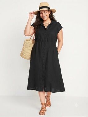 Brave + True 100% Linen Black Collared Button Front Midi Dress
